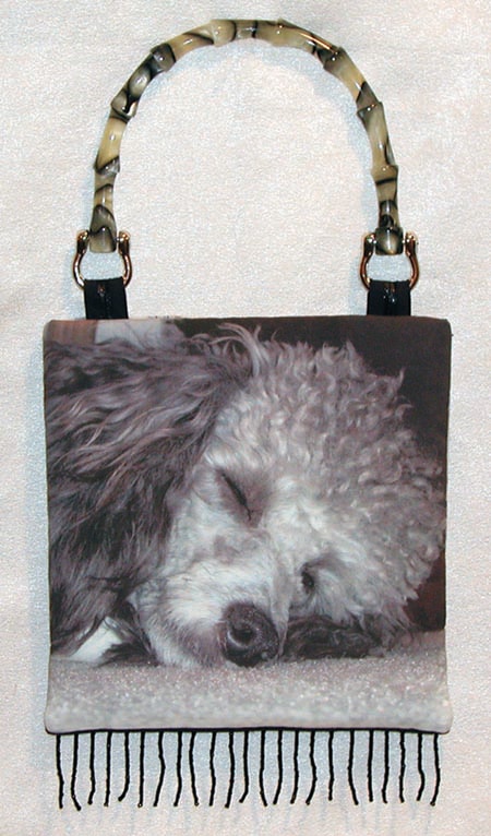 handbag with picture of dog printed on it.