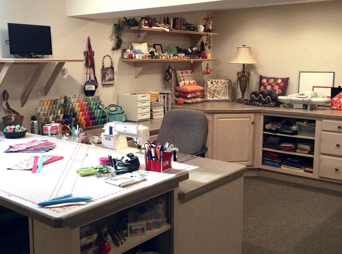 Sewing room in a finished basement.