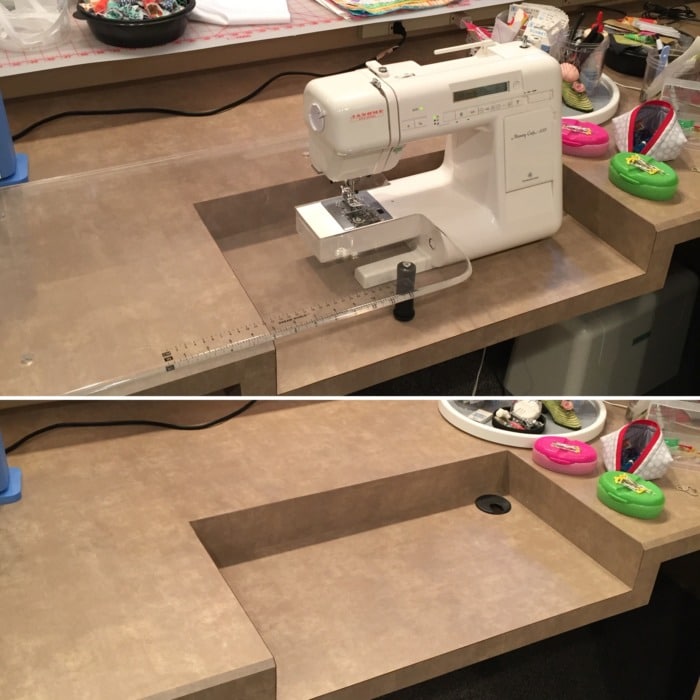 A close-up view of a custom countertop with a small portion that dips down to accommodate a sewing machine