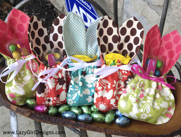 Fabric bags with bunny ears filled with Easter candy