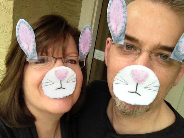 Easter costume with printed bunny ears and nose on faces