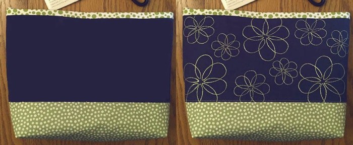 Side by side view of a bag with and without a custom embroidered panel.
