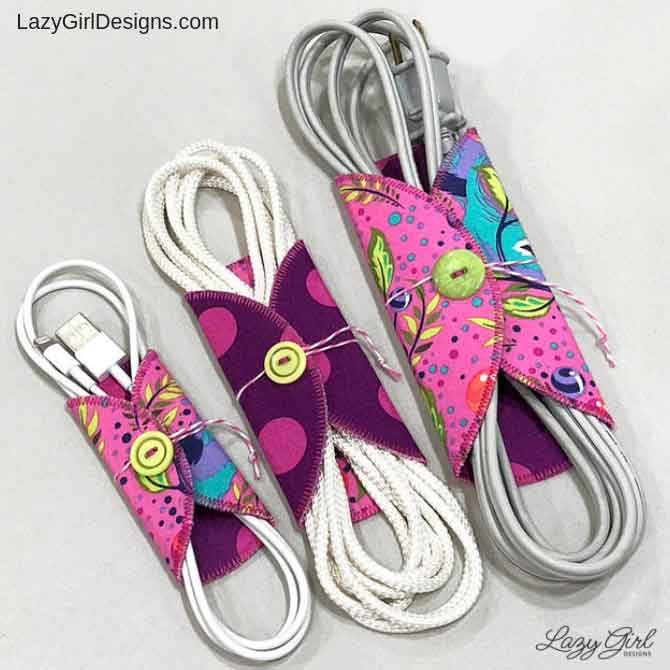 Fabric cord wraps with button closures.