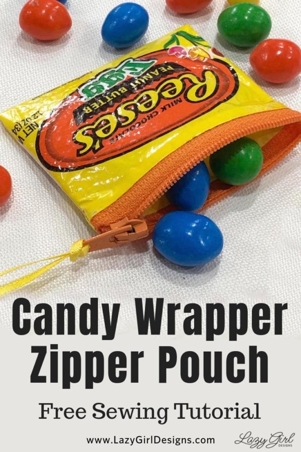 Candy wrapper zipper pouch with small colorful candy.