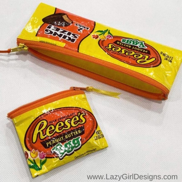 Zipper pouches made from candy wrappers.