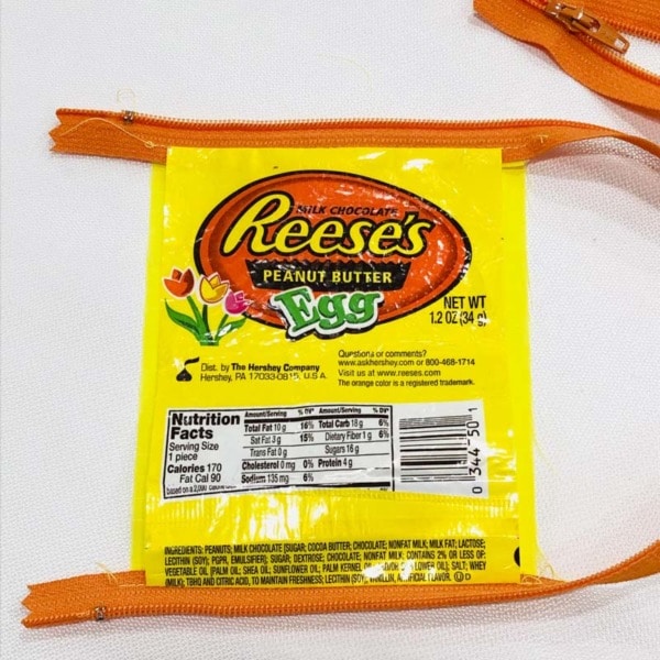 Close up of zipper sewn into candy wrapper.