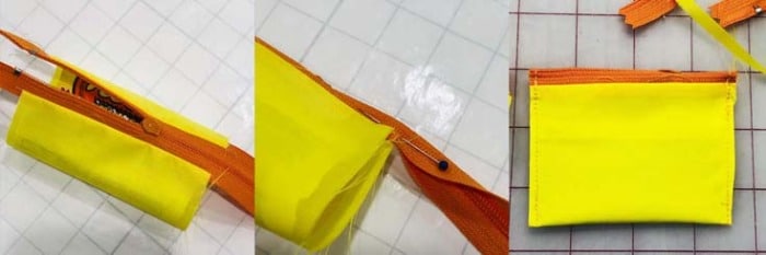 Steps showing how to sew a zipper into a small pouch.