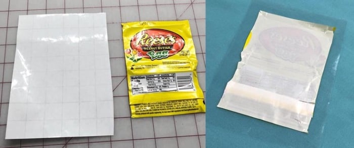 Steps showing cutting and applying fusible clear vinyl to a plastic food wrapper.