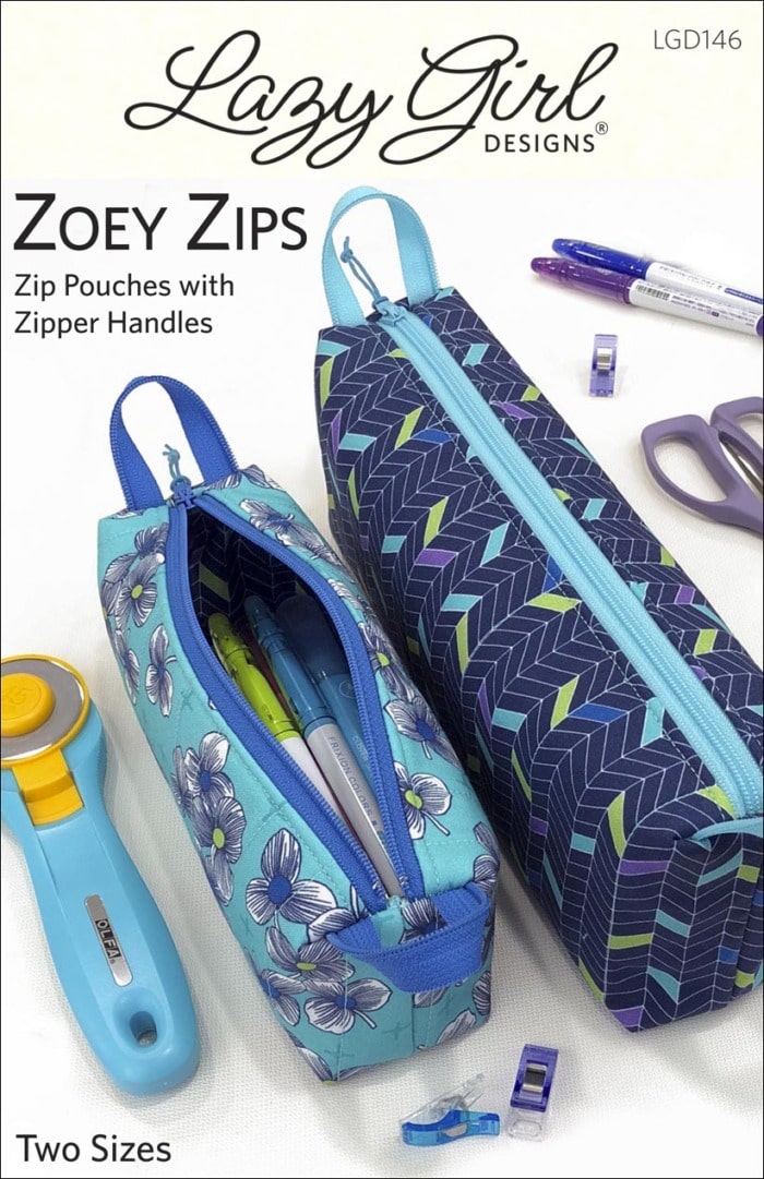 Pattern cover for Zoey Zips small zipper pouches.