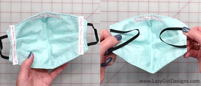 Fabric face mask with elastic ear loops tucked inside.