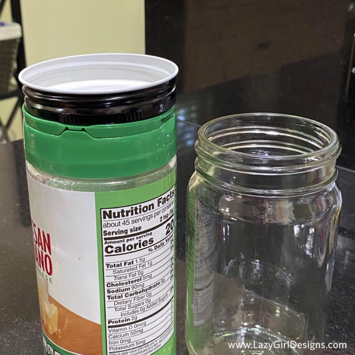 Glass jar and parmesan cheese shaker jar shown together